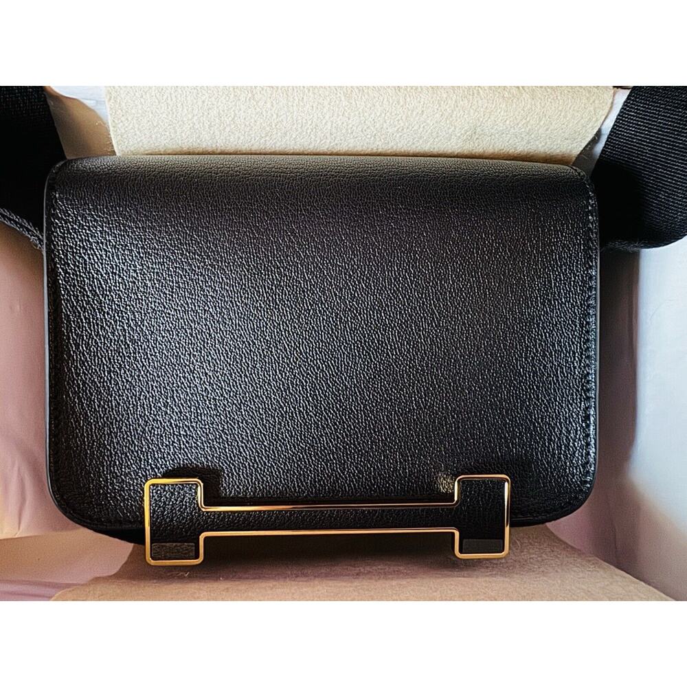 Hermes Geta Chevre Mysore Black Shoulder Bag Crossbody Messenger Gold Hw New